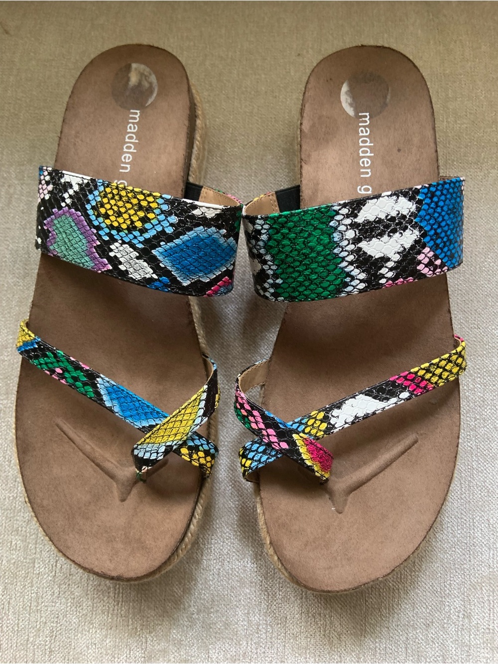 Madden Girl Multicolor Snake-Print Slide Sandals with Bright Accent Straps